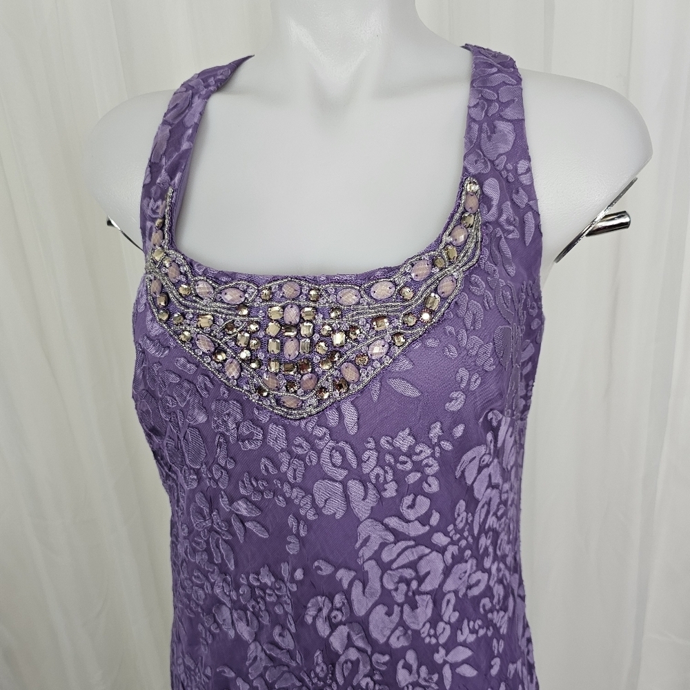Alex Evenings Purple Burn Out 2-Layer Ruffle Bottom Bead Neck Dress Size 10 - Picture 2 of 10